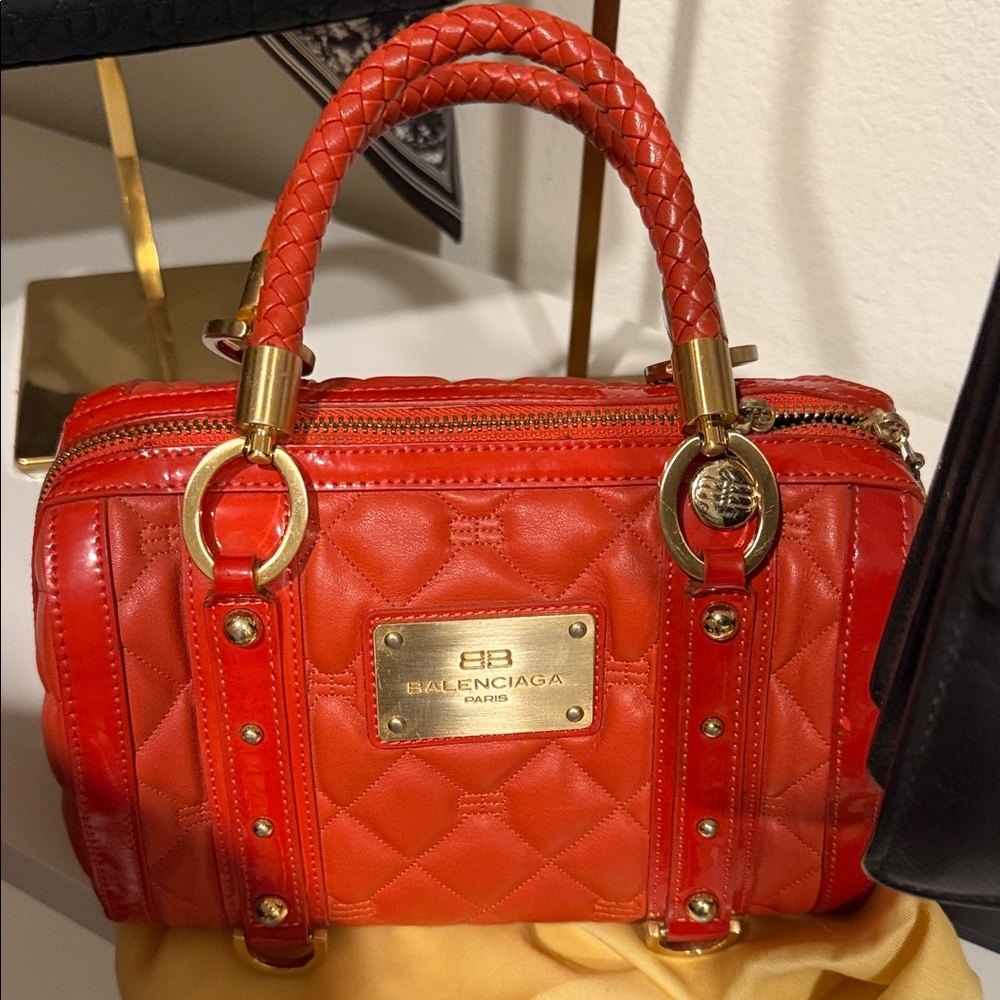 Balenciaga Red Quilted Satchel with Gold Accents